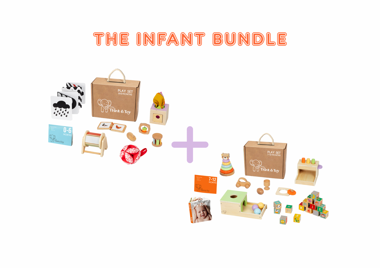 Collection of wooden toys and packaging labeled 'The Infant Bundle' on a white background.